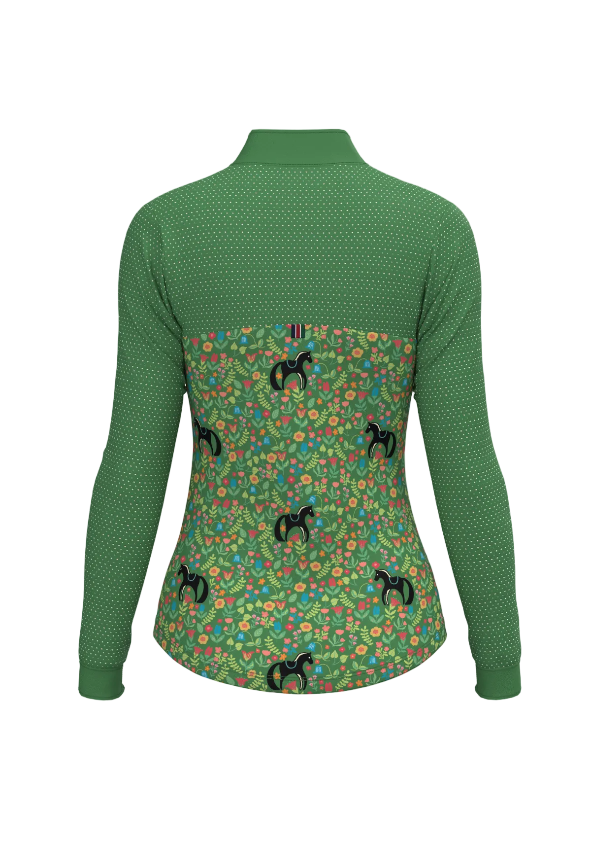 Green long-sleeve shirt with floral pattern and horse designs