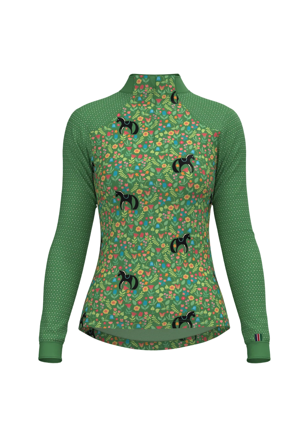 Green long-sleeve shirt with floral pattern and horse designs