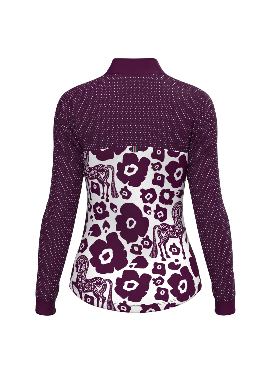 Purple long-sleeve shirt with floral and deer pattern on a beige background