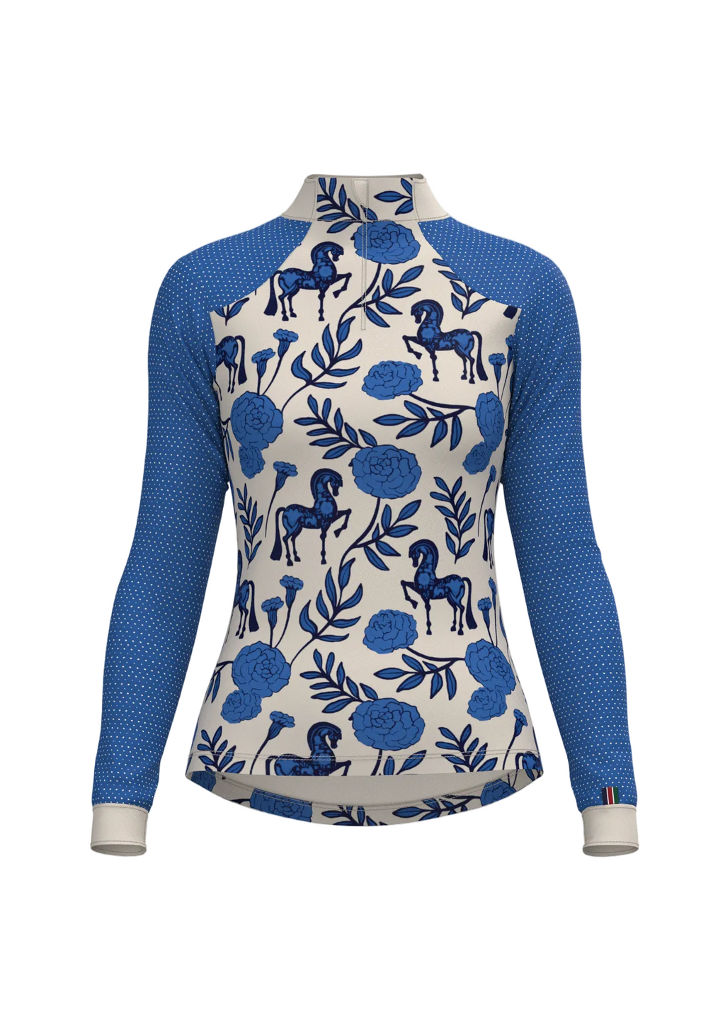 Long-sleeve shirt with blue floral and horse pattern 