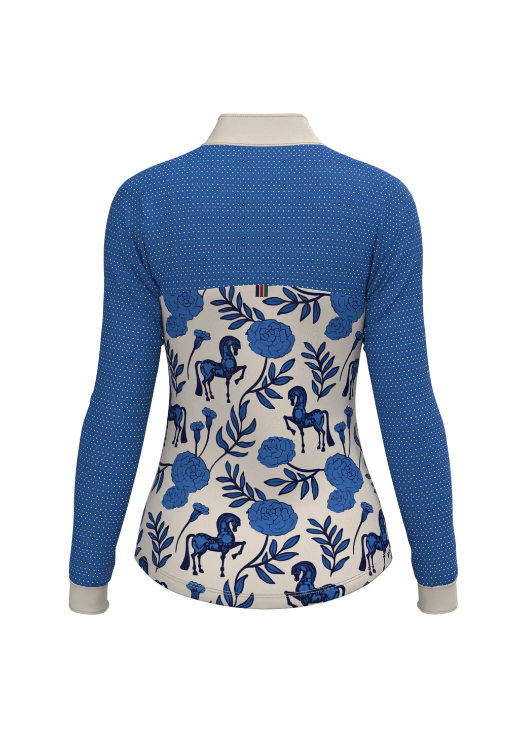 Long-sleeve shirt with blue patterned front and horse and floral design on back, on a white background
