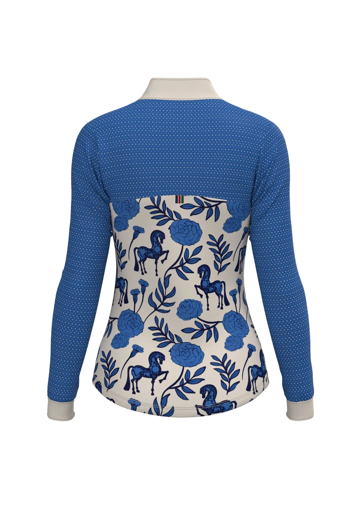 Long-sleeve shirt with blue patterned front and horse and floral design on back, on a white background