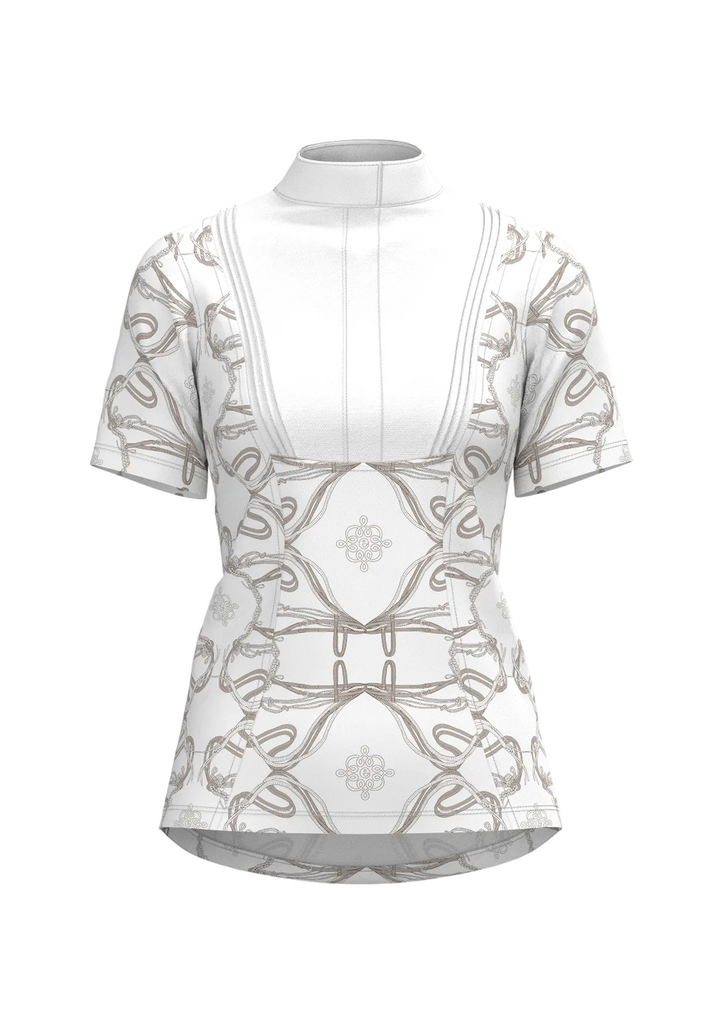 White blouse with intricate black patterns on a beige background