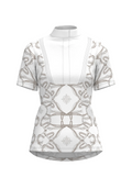 White blouse with intricate black patterns on a beige background