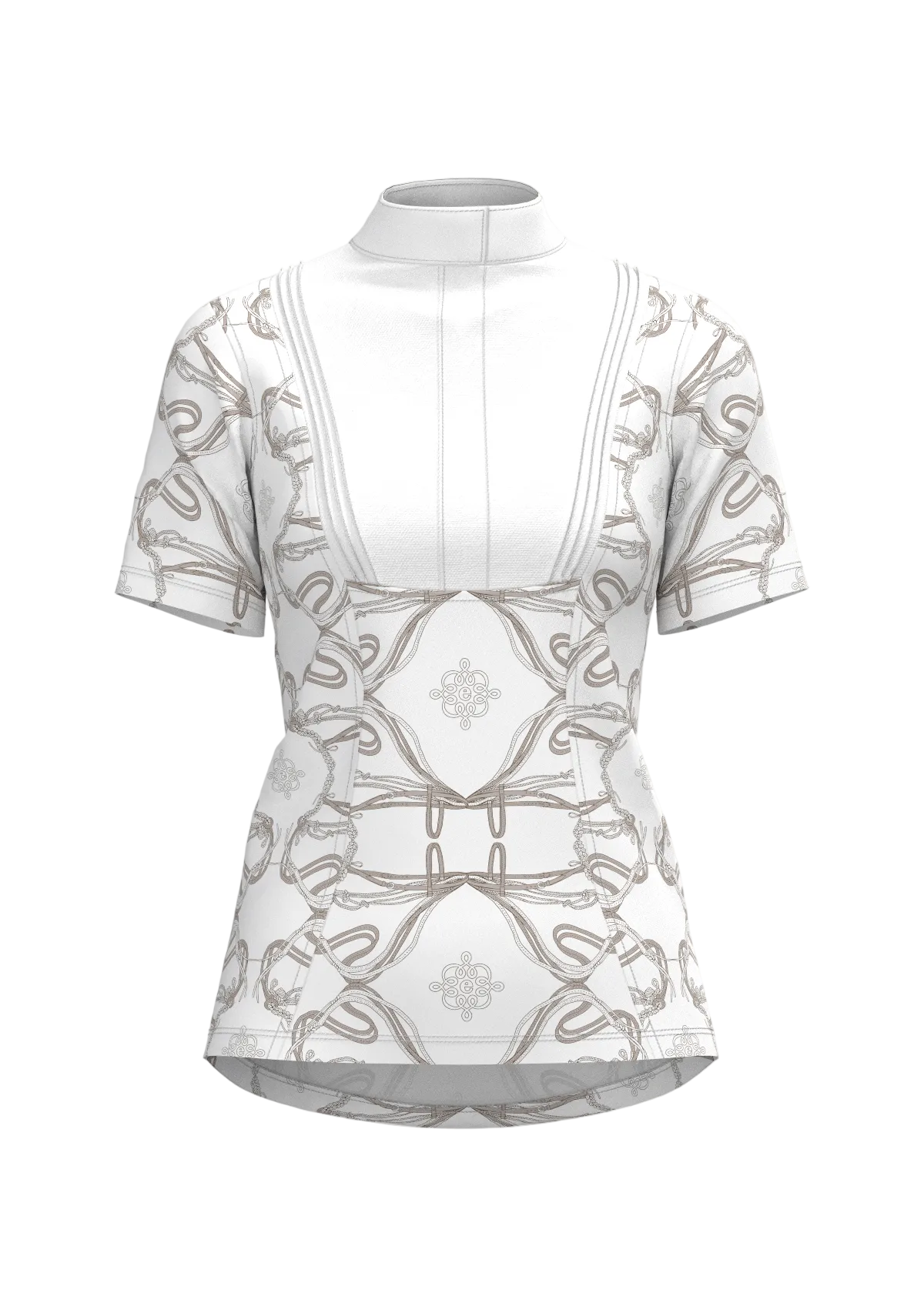 White blouse with intricate black patterns on a beige background