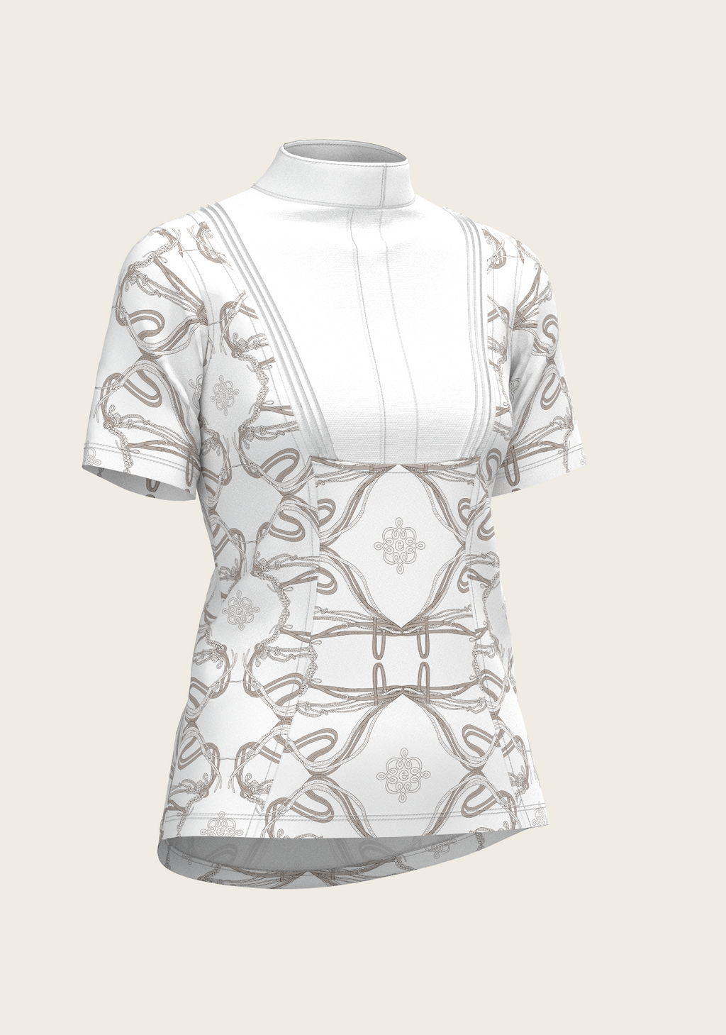 White blouse with geometric pattern on a light beige background
