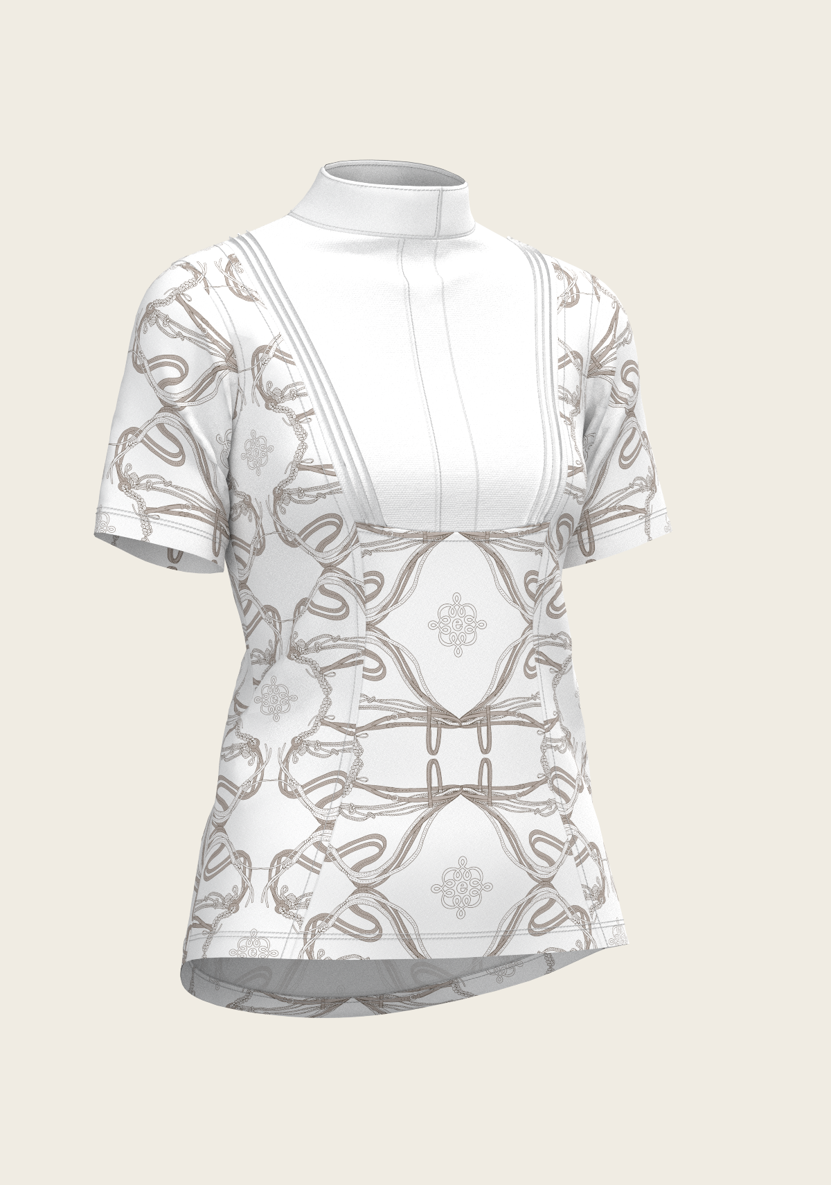 White blouse with geometric pattern on a light beige background