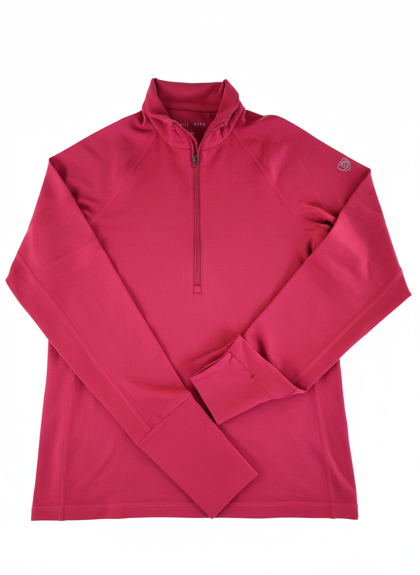 Pink long-sleeve shirt with a quarter zip on a white background