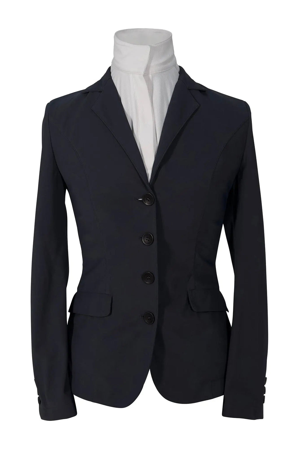 Black blazer on a mannequin with a white shirt underneath against a white background