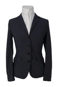 Black blazer on a mannequin with a white shirt underneath against a white background