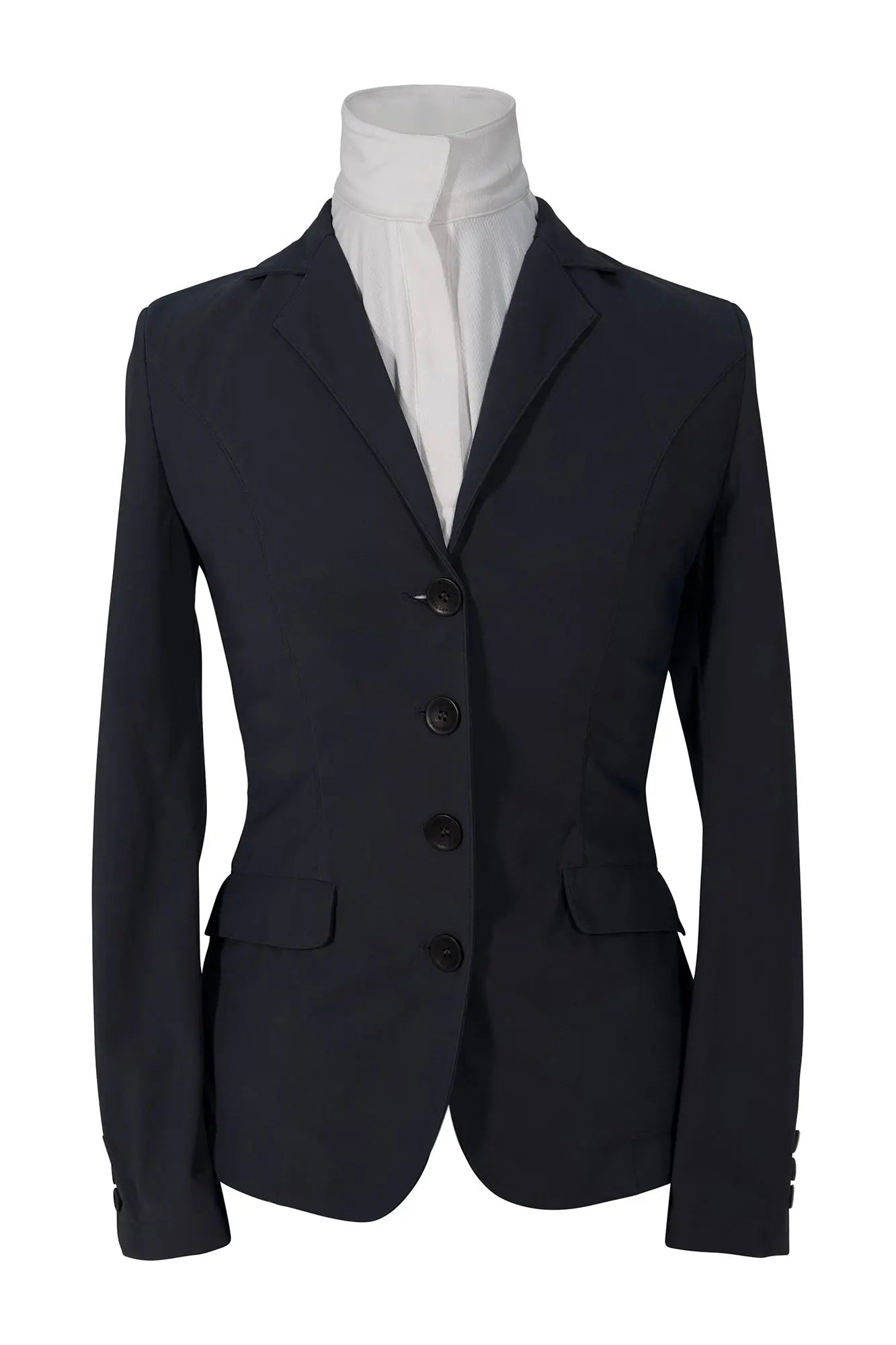 Black blazer on a mannequin with a white shirt underneath against a white background