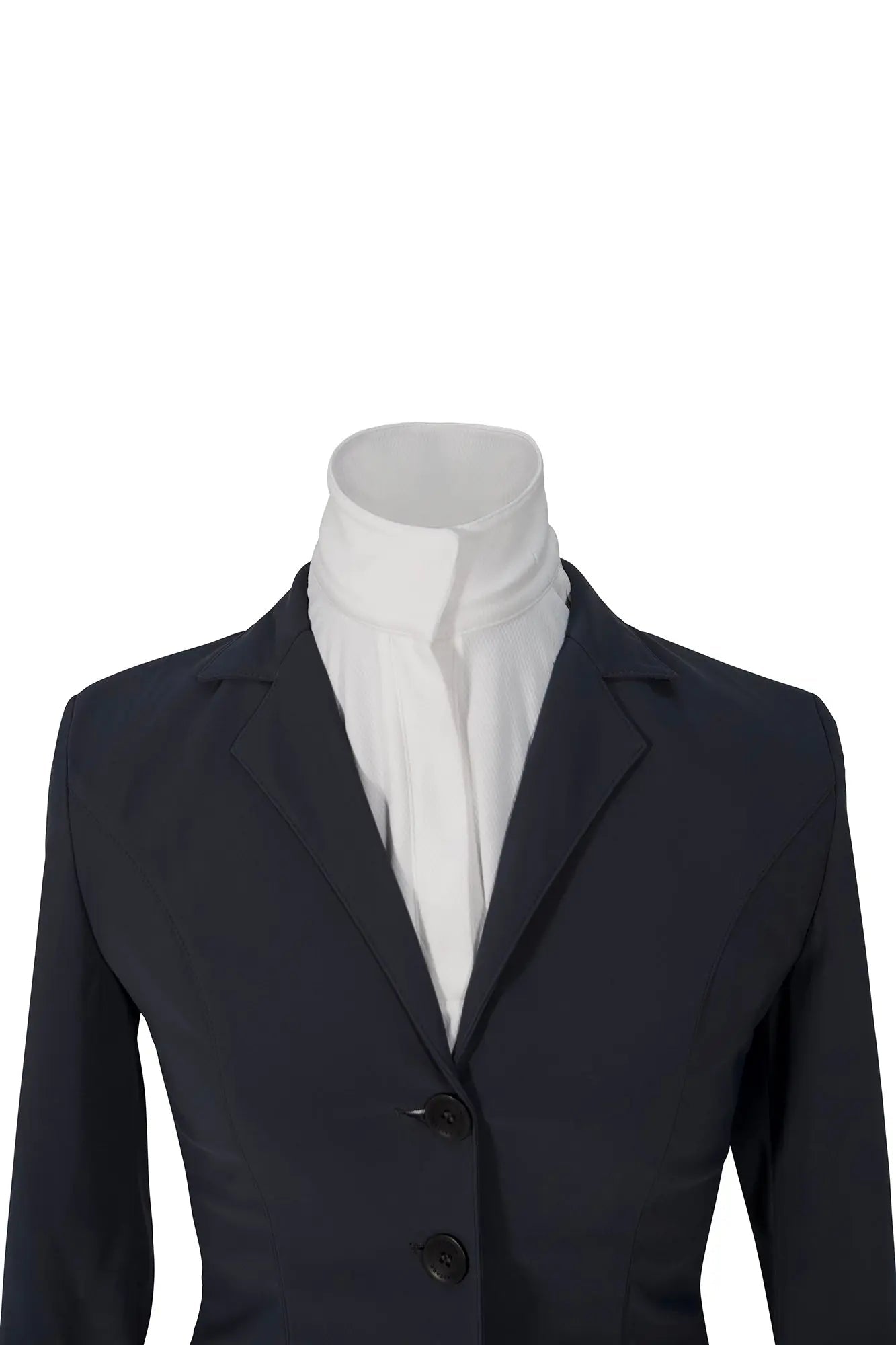 Navy blazer with a white shirt on a mannequin against a white background
