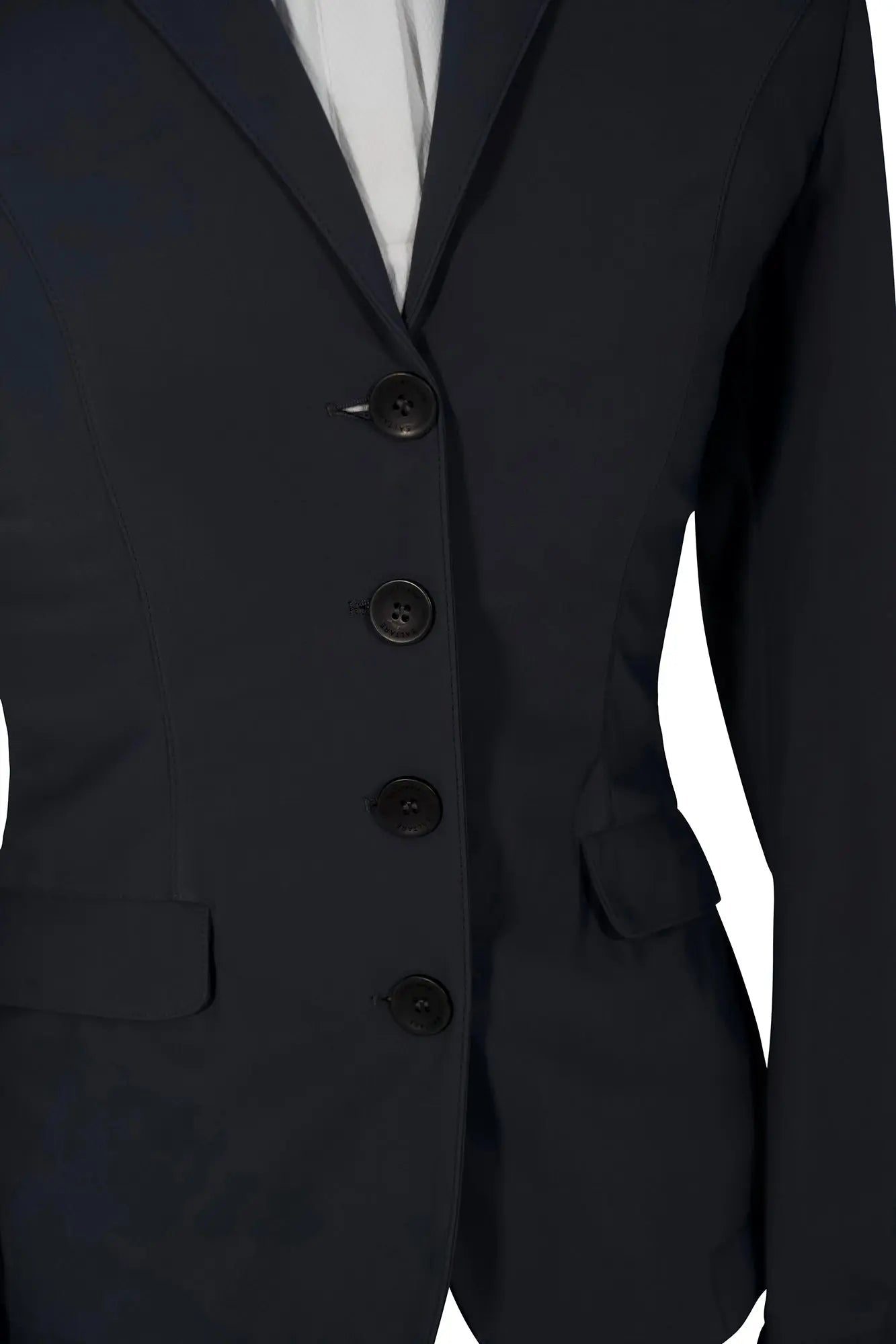 Black suit jacket with three buttons on a white background