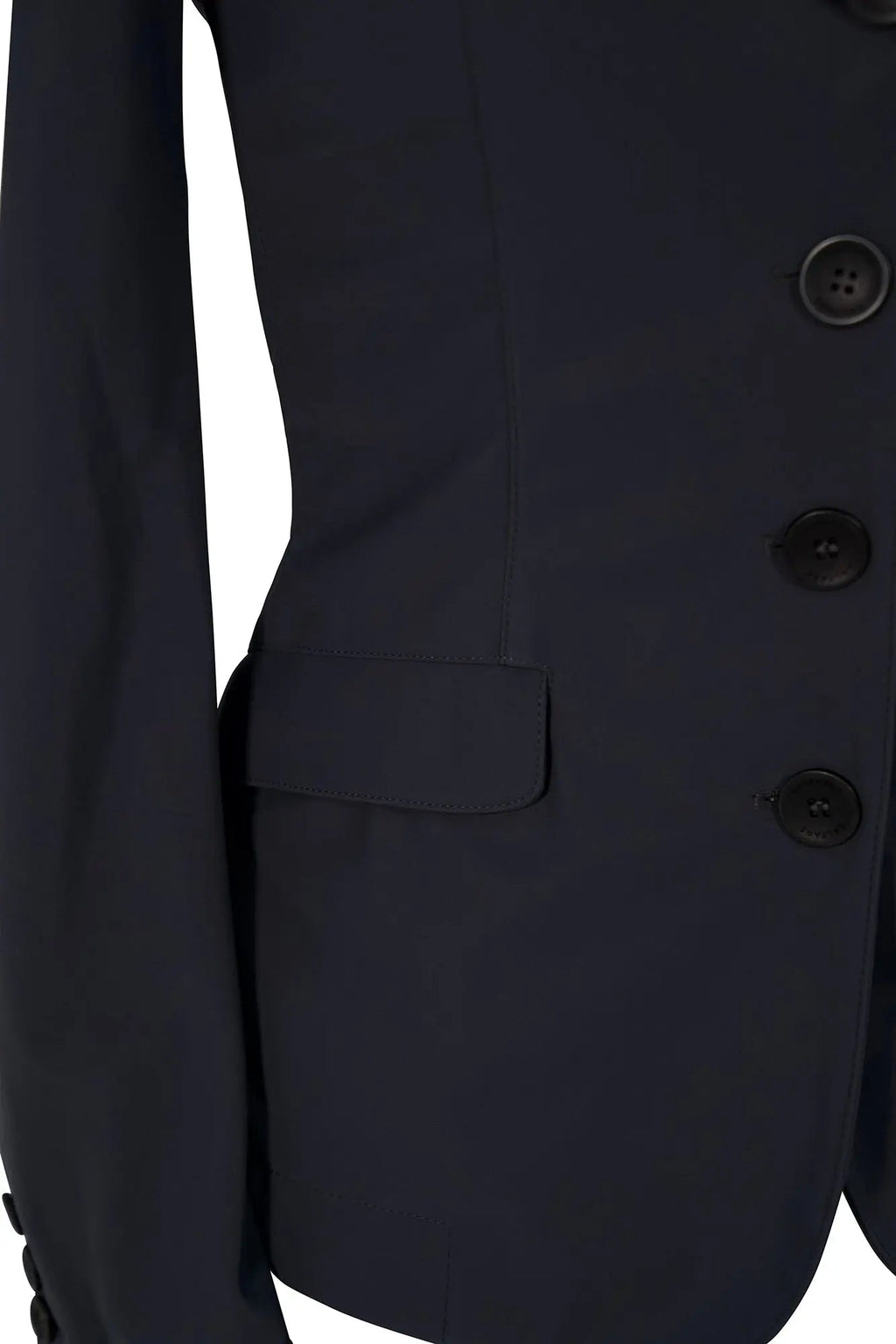 Navy blue suit jacket with buttons on a white background