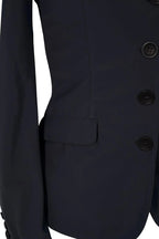 Navy blue suit jacket with buttons on a white background