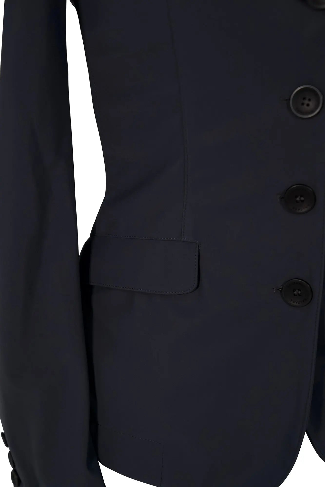 Navy blue suit jacket with buttons on a white background