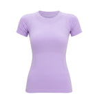 Person wearing a light purple t-shirt on a plain background