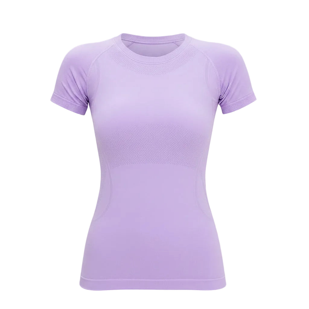 Person wearing a light purple t-shirt on a plain background