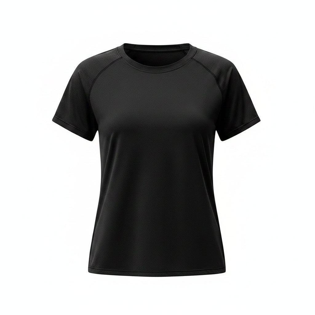 Woman wearing a black athletic shirt on a white background