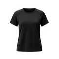 Woman wearing a black athletic shirt on a white background