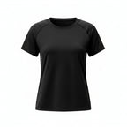 Woman wearing a black athletic shirt on a white background
