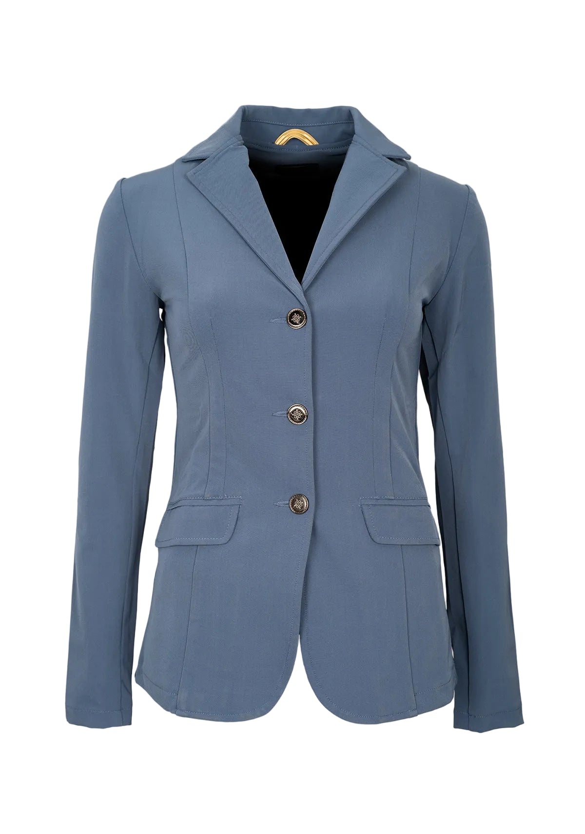 Blue blazer with buttons on a beige background