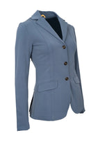 Blue blazer with black buttons on a beige background