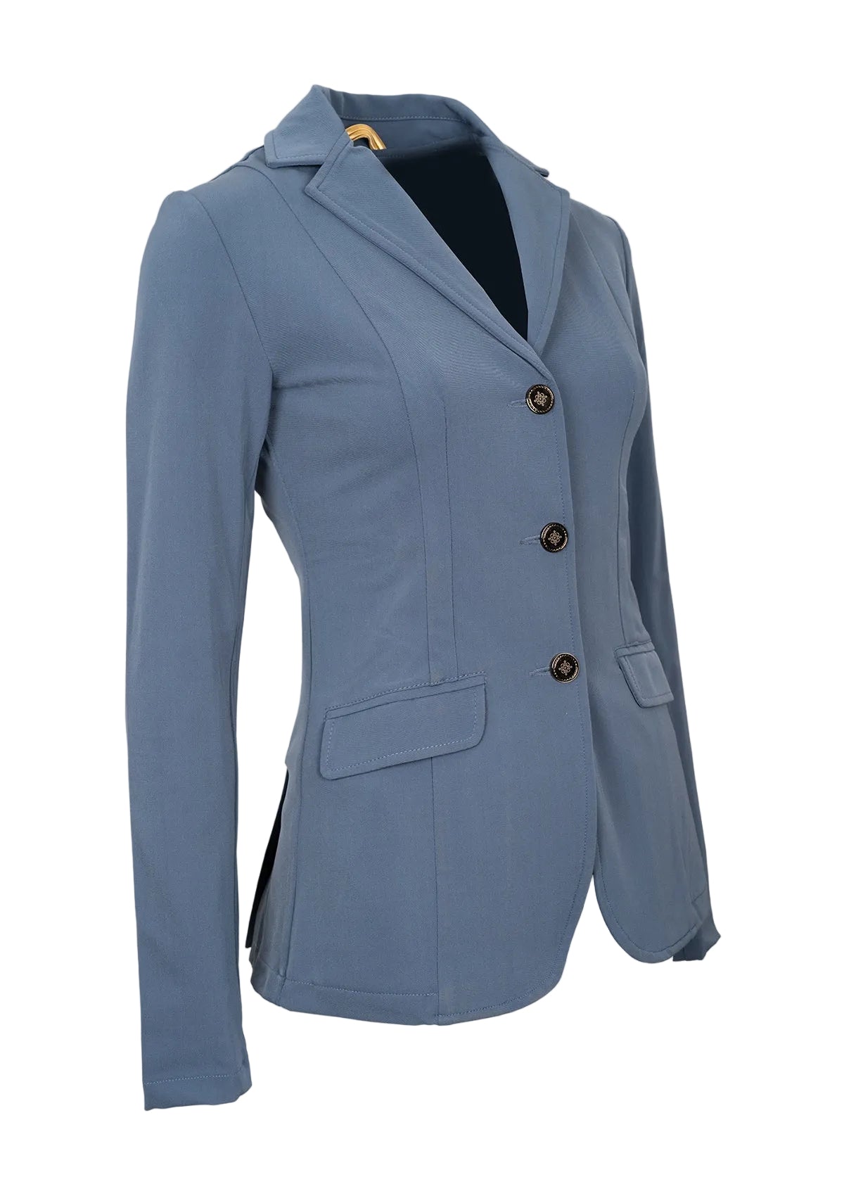 Blue blazer with black buttons on a beige background