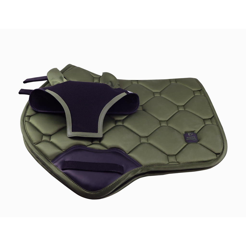 Green and purple equestrian saddle pad with girth strap on a white background