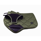 Green and purple equestrian saddle pad with girth strap on a white background