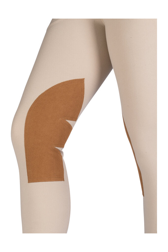 Beige leggings with a brown patch on a white background