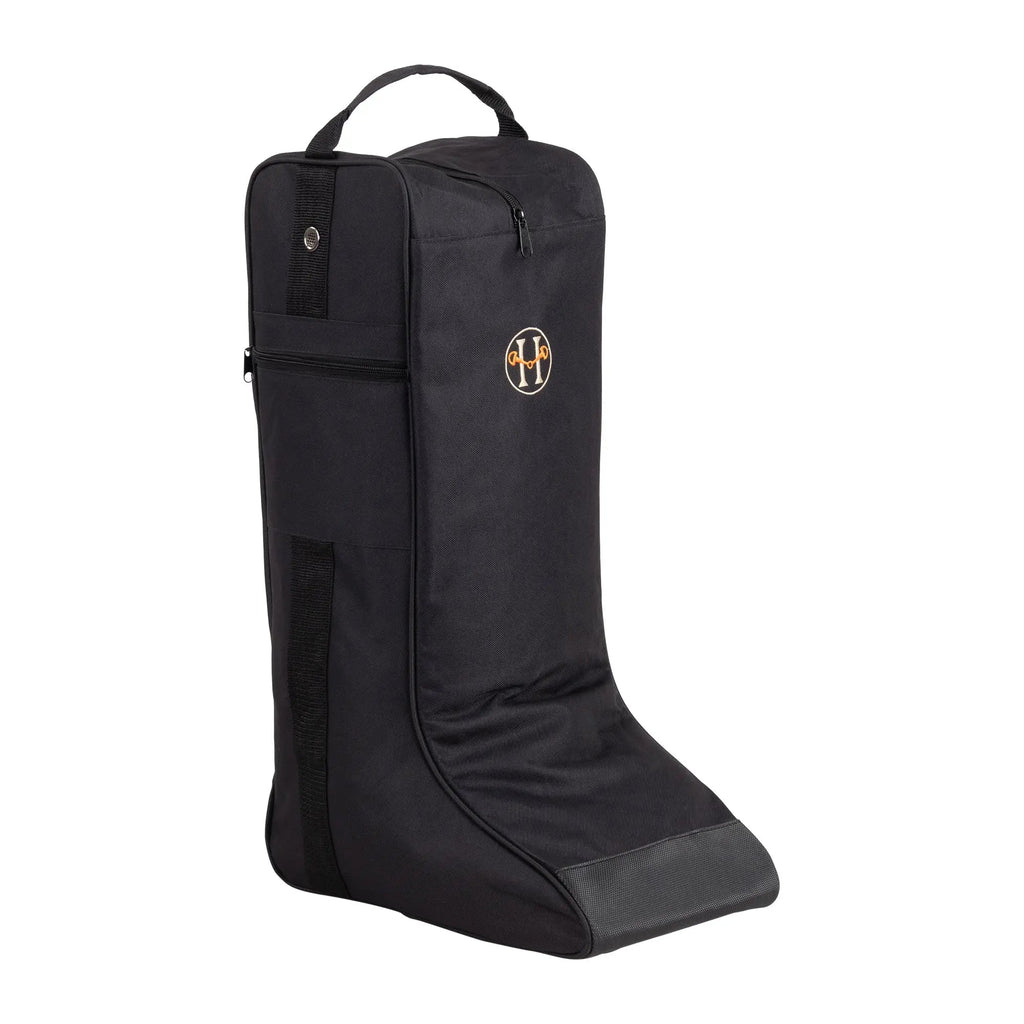 Black tall boot bag with a logo on a white background