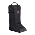 Black tall boot bag with a logo on a white background