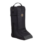 Black tall boot bag with a logo on a white background