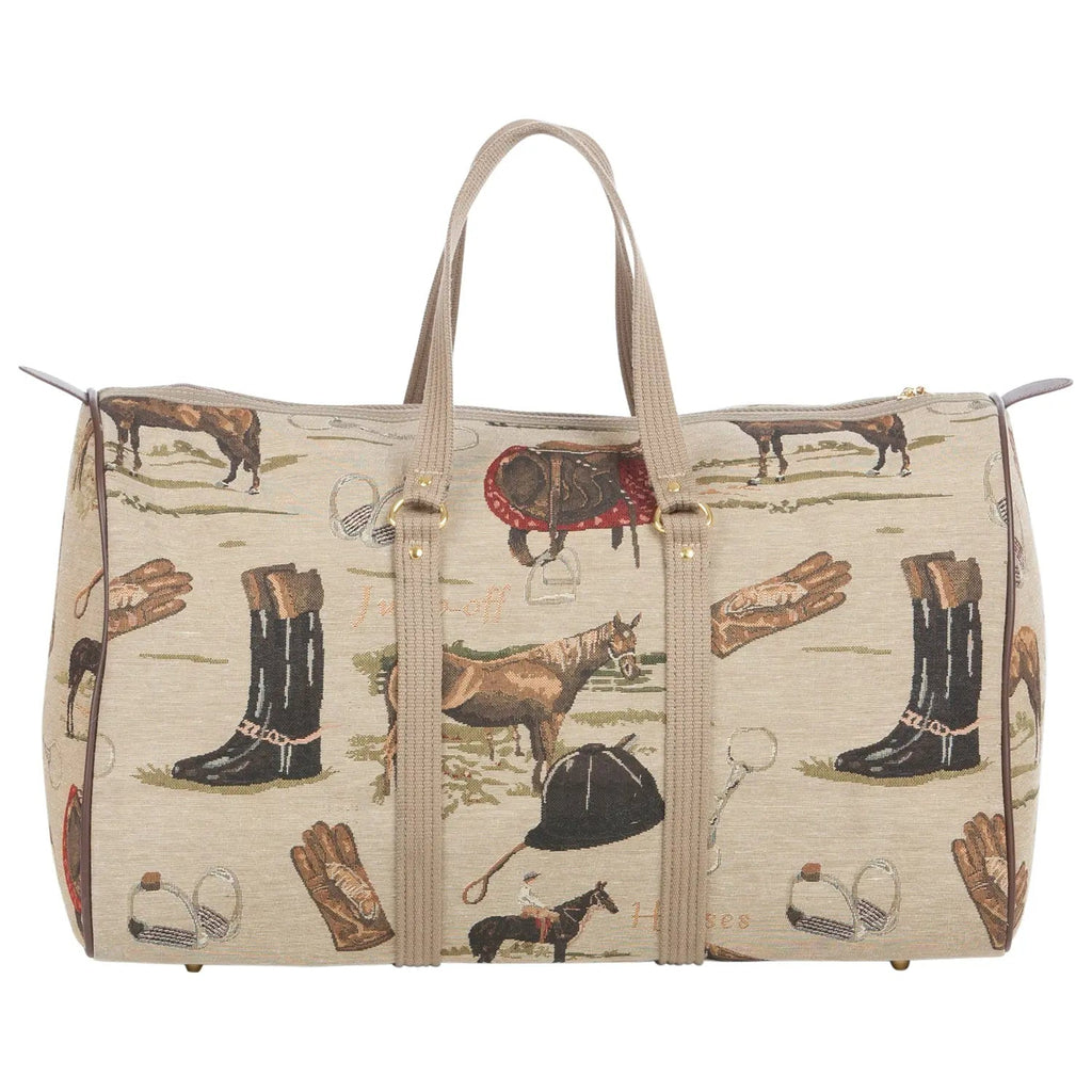 Travel bag with equestrian pattern on a white background