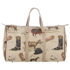 Travel bag with equestrian pattern on a white background