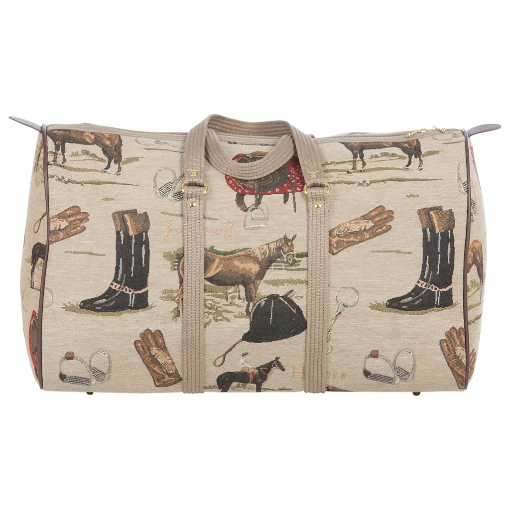 Travel bag with equestrian pattern featuring horses, boots, and hats on a beige background.