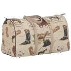 Duffle bag with equestrian pattern on a white background
