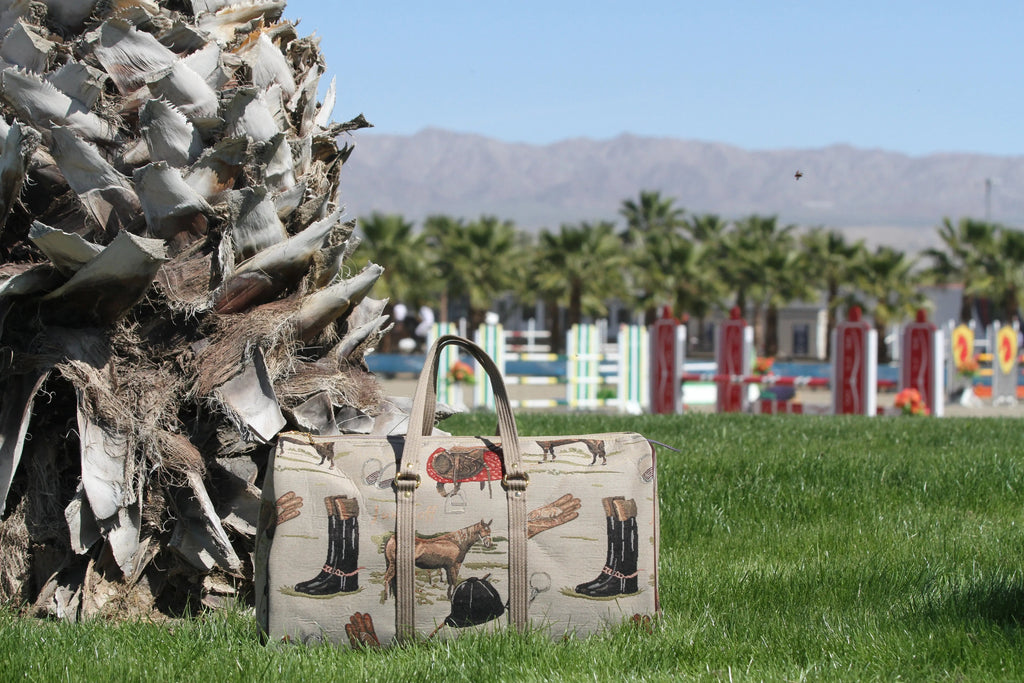 Two patterned bags on grass with a palm tree and mountains in the background
