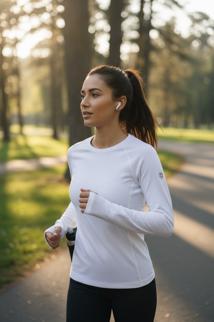 Woman running on a path in a park wearing a white long-sleeve shirt and black pants.