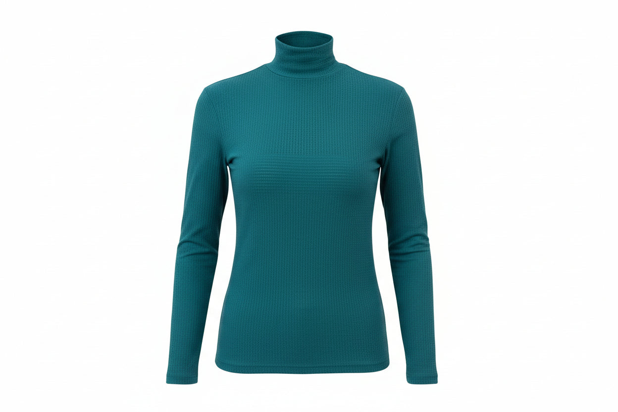  teal turtleneck with perforated fabric