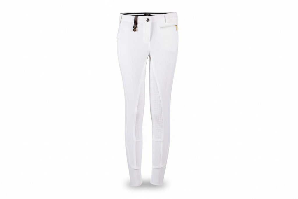 White pants with a gold zipper on a white background