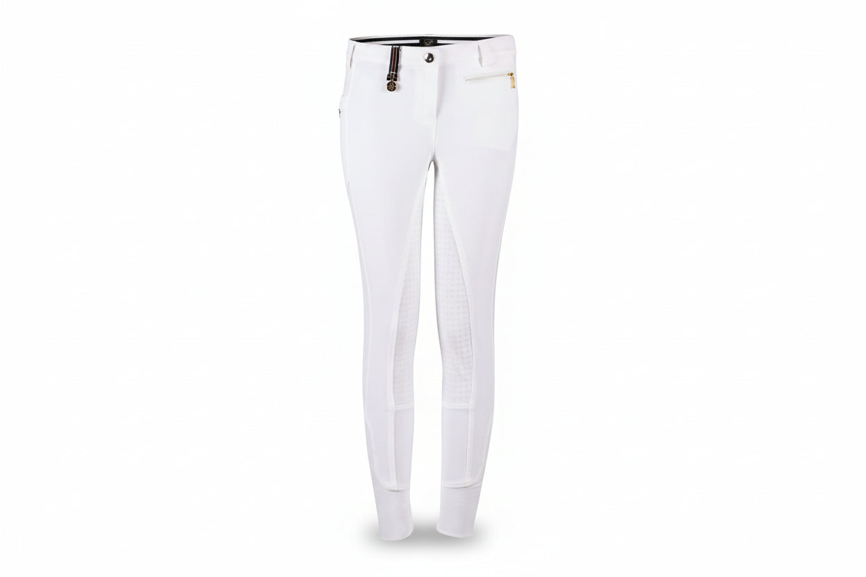 White pants with a gold zipper on a white background