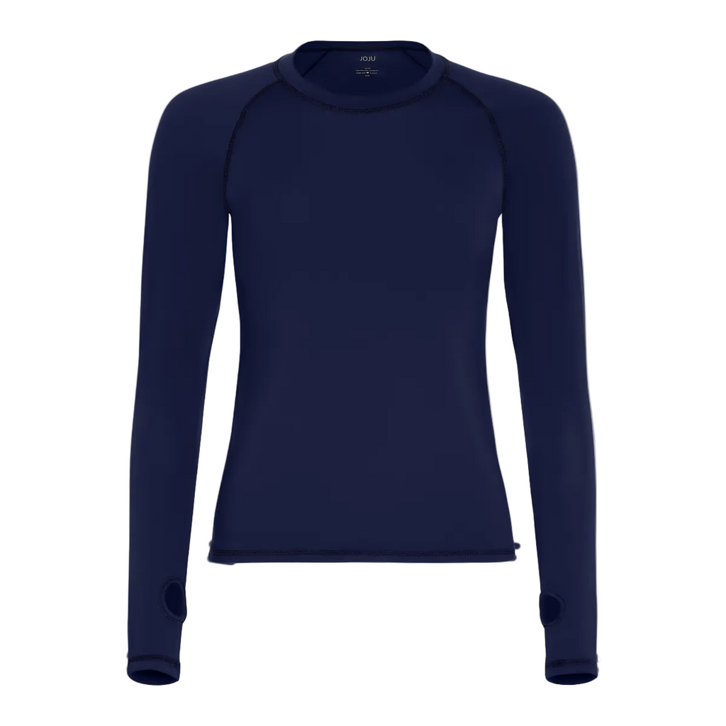 Navy blue long-sleeve shirt on a light gray background