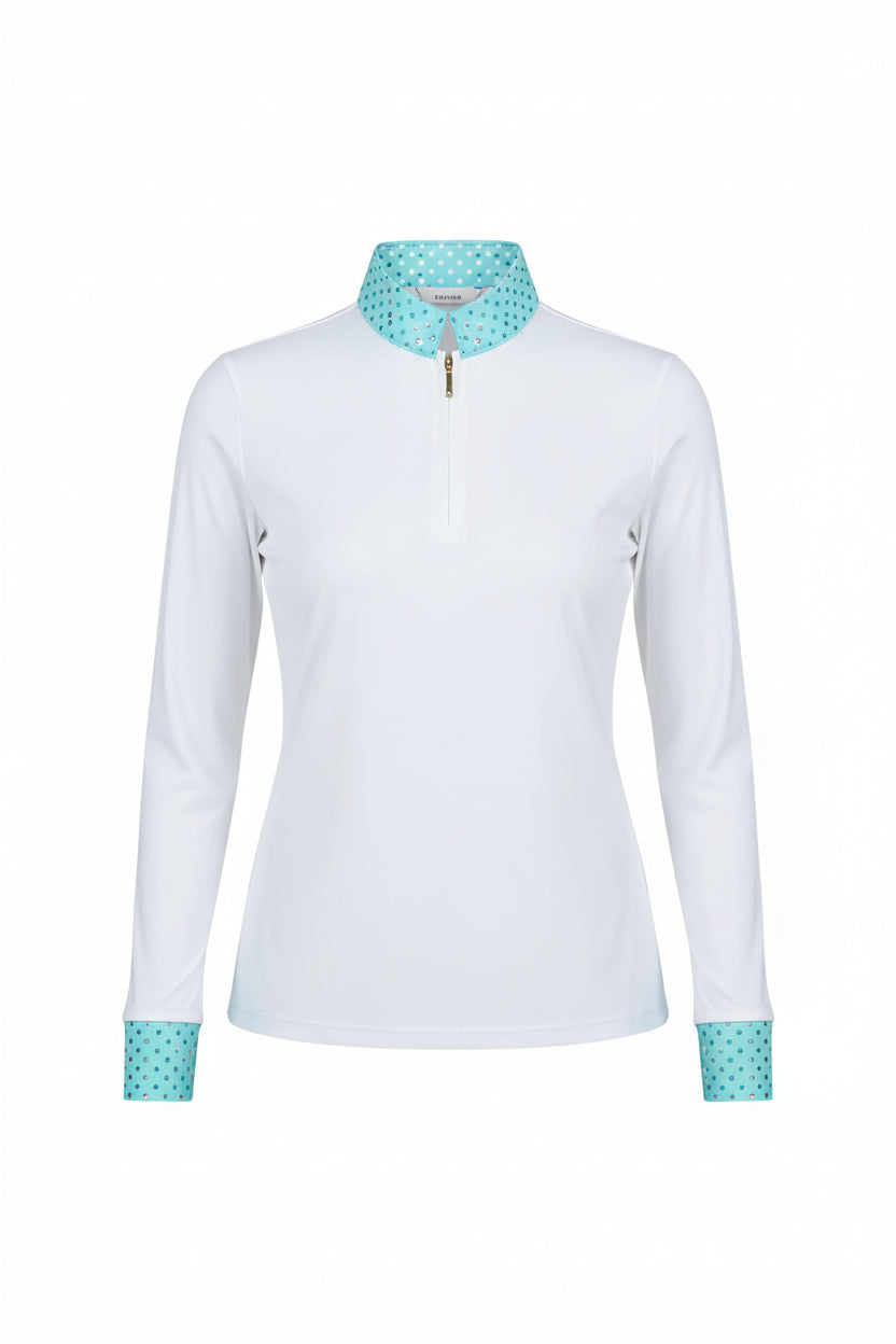 light blue shirt with white sleeves and beige pants against a gray background