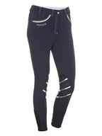 dark grey riding pants with white accents on a white background