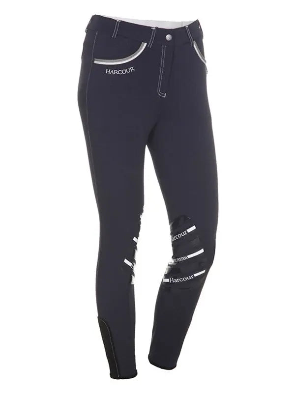 dark grey riding pants with white accents on a white background