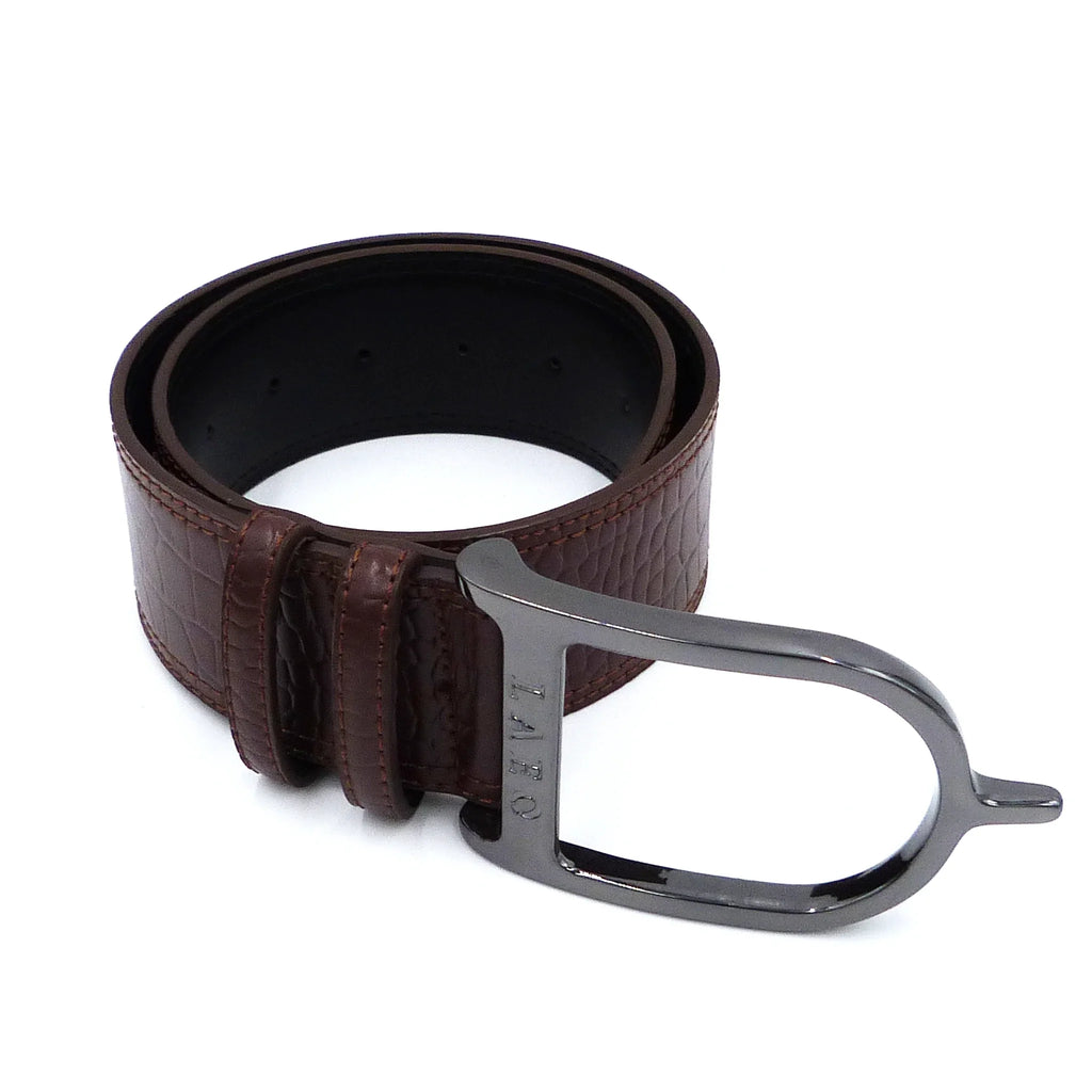 Brown leather belt with a silver buckle on a white background