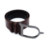 Brown leather belt with a silver buckle on a white background
