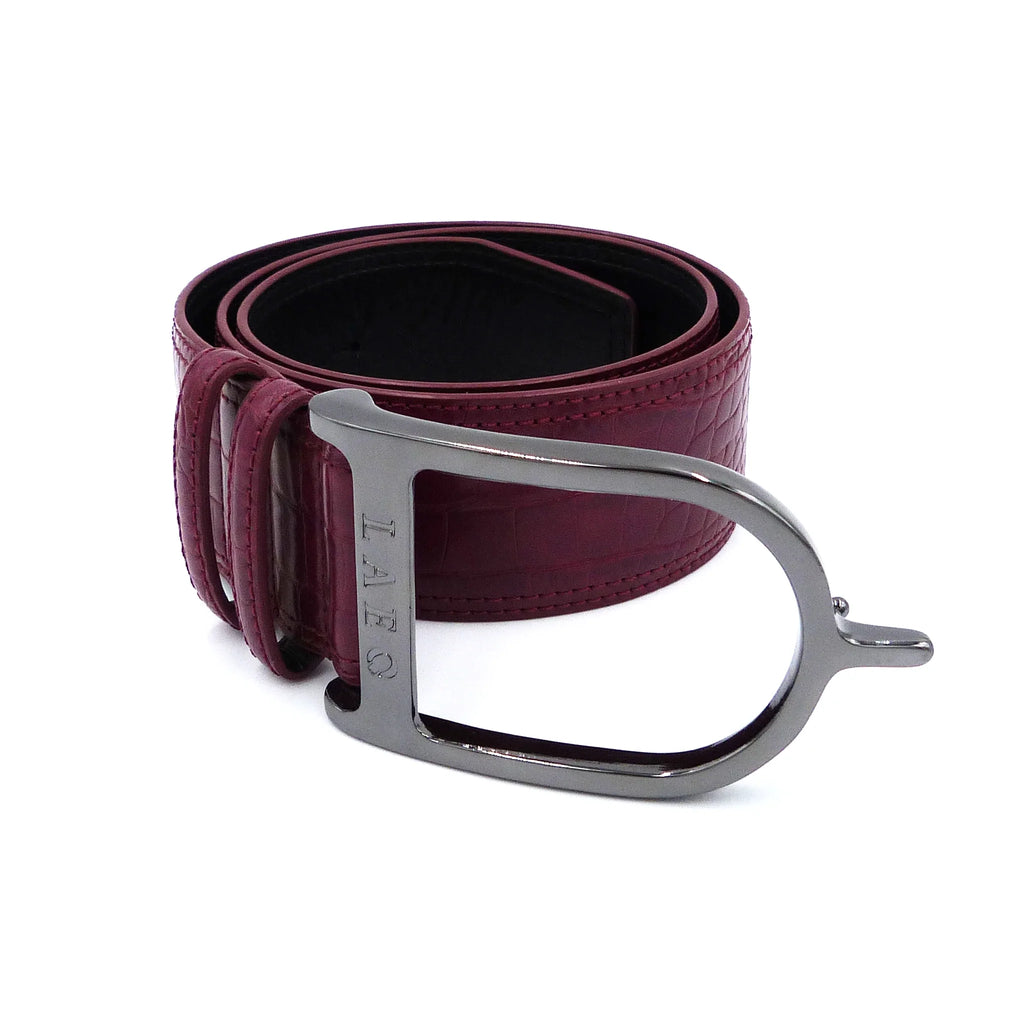Burgundy leather belt with silver buckle on a white background